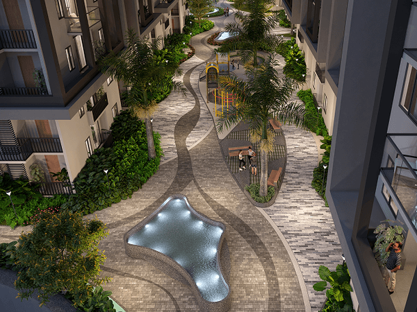 Bubbling water feature at Moonglade luxury apartments near Narsingi