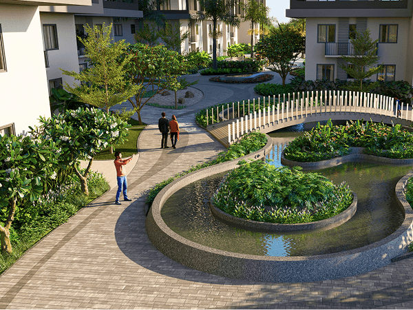 Scenic water bridge inside Moonglade gated apartments near Gachibowli