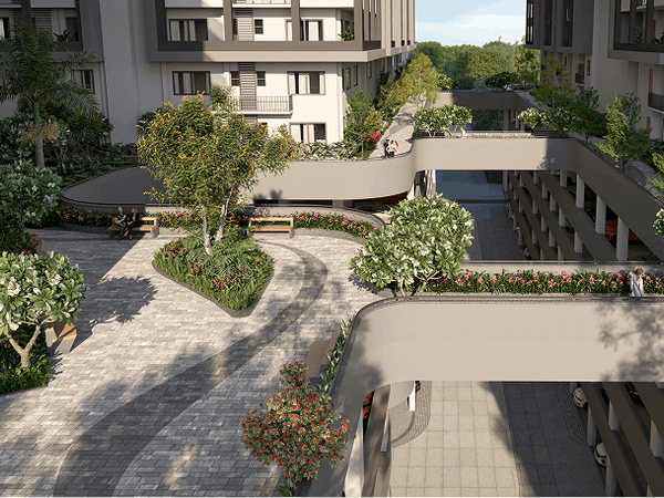 Scenic elevated walkway in Moonglade community near Financial District