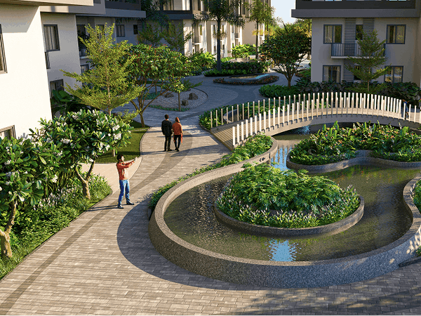 Scenic water bridge inside Moonglade gated apartments near Gachibowli